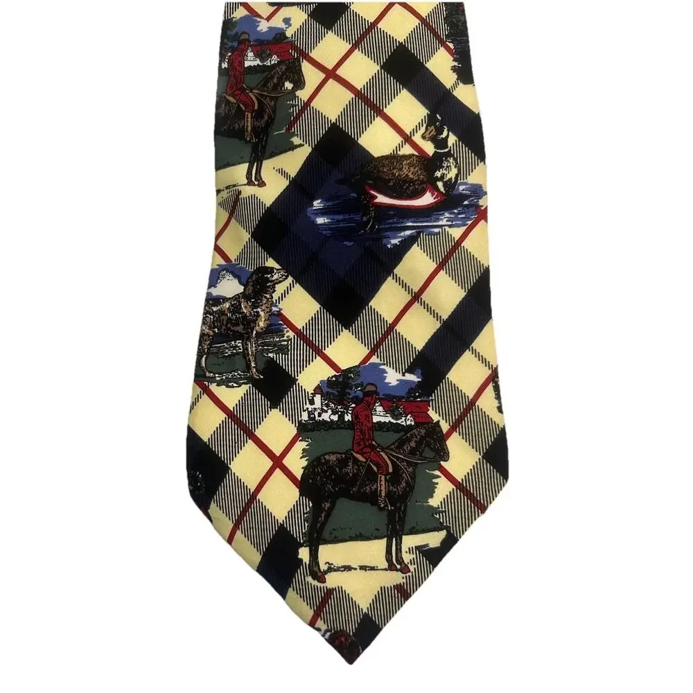Italian Men’s Silk Tie‎ 4” Yellow Plaid Equestrian Duck Hunting Bird Dog Desire